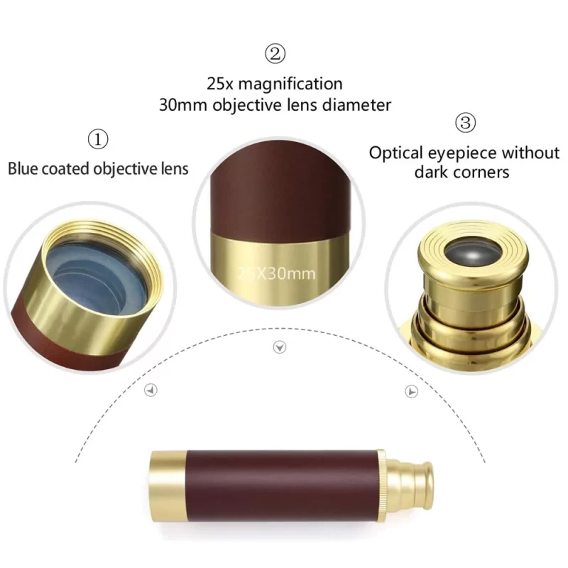 Brass Handheld Monocular – 25x30 Collapsible Pirate-Style Telescope for Hiking, Travel & Gifts - Image 4