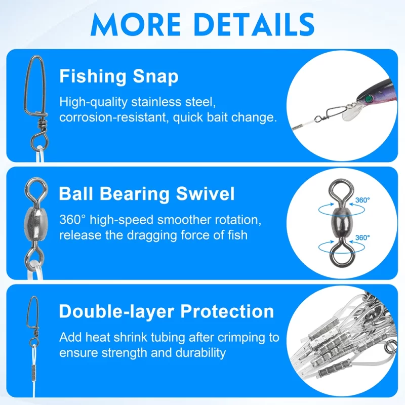 10-Pack Fluorocarbon Fishing Leaders – 20lb / 50lb Line with Swivels & Snaps - Image 3