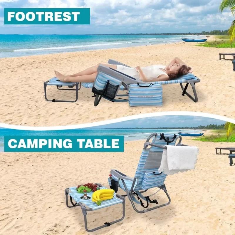Set of 2 Backpack Folding Beach Chairs with Table – Heavy-Duty 350 lb Capacity, Lay-Flat Design - Image 4