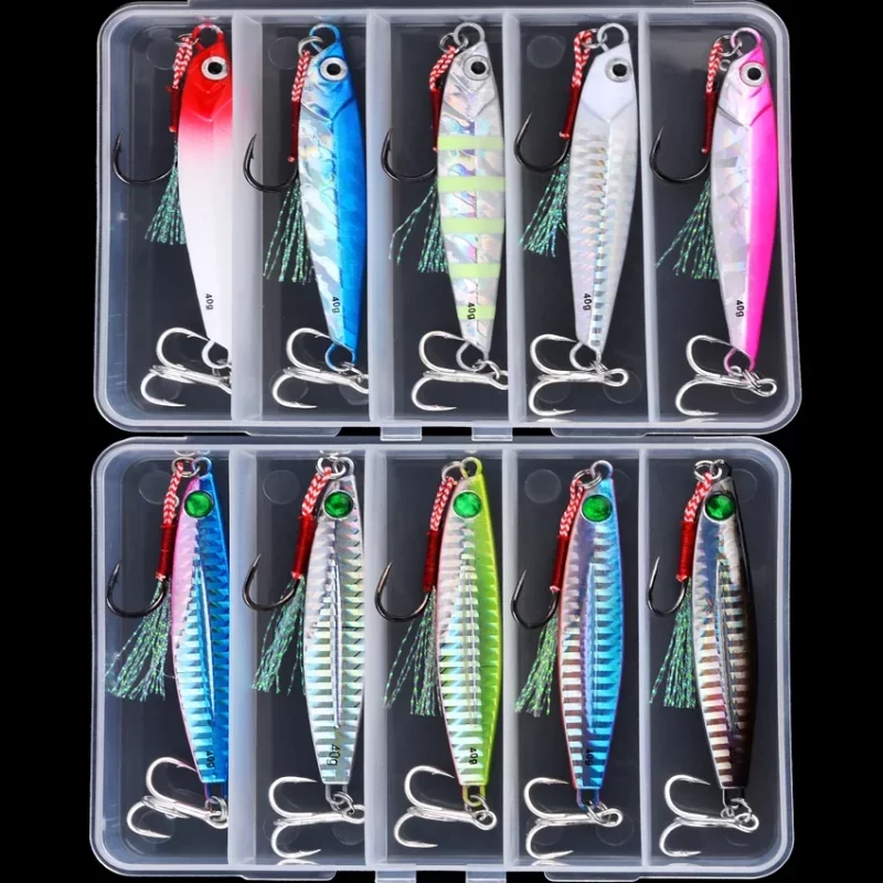 5pcs Metal Jig Fishing Lure Set – 10g to 40g Weights for Bass, Trout, and Saltwater Jigging