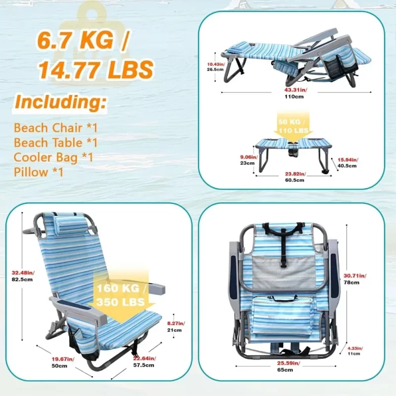 Set of 2 Backpack Folding Beach Chairs with Table – Heavy-Duty 350 lb Capacity, Lay-Flat Design - Image 3