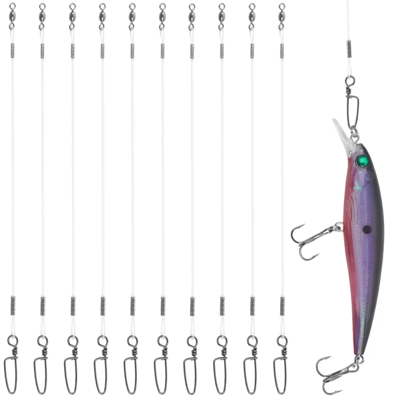 10-Pack Fluorocarbon Fishing Leaders – 20lb / 50lb Line with Swivels & Snaps