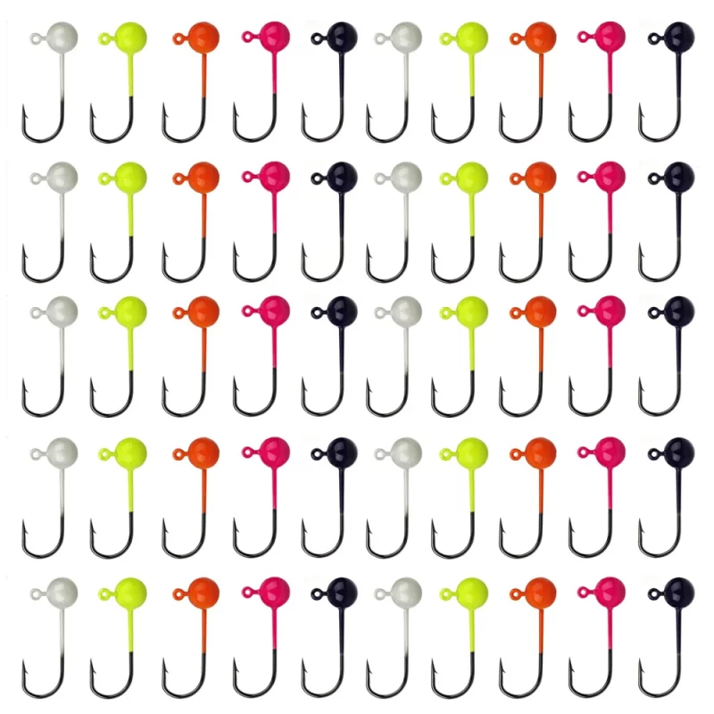 50pcs Jig Head Fishing Hook Set – Barbed Hooks (0.4g–2g) for Freshwater & Saltwater Lures