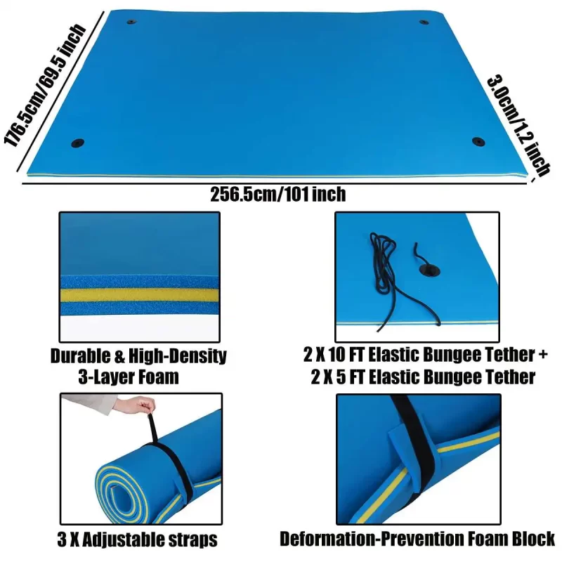 Floating Water Pad Mat 3-Layer Floating Foam Pad 9' x 6' Water Pad with Storage Straps Water Activities Mat - Image 2