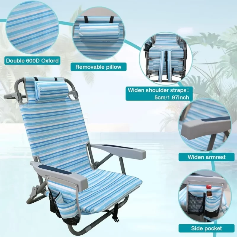 Set of 2 Backpack Folding Beach Chairs with Table – Heavy-Duty 350 lb Capacity, Lay-Flat Design - Image 6