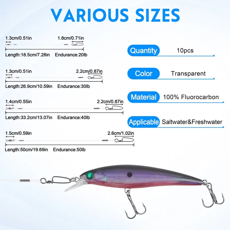 10-Pack Fluorocarbon Fishing Leaders – 20lb / 50lb Line with Swivels & Snaps - Image 2